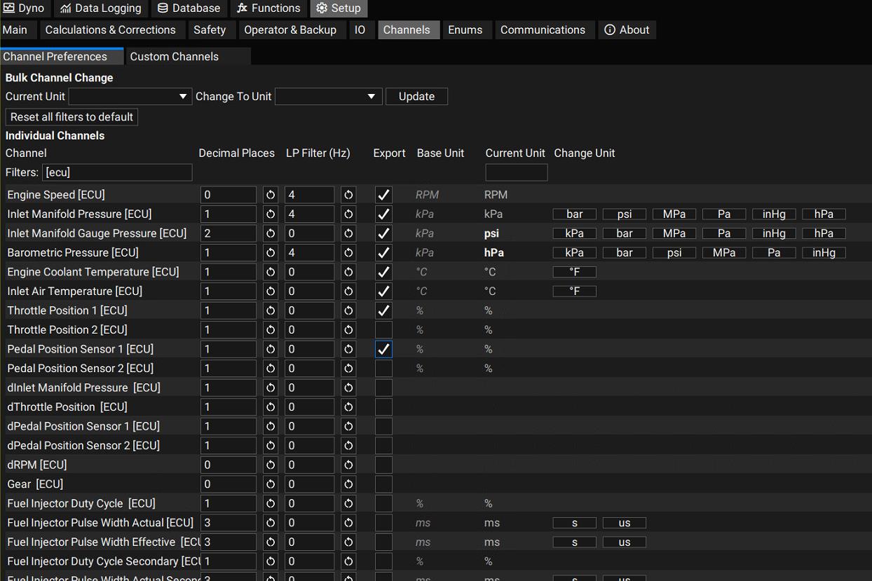 Channels tab showing the Export column