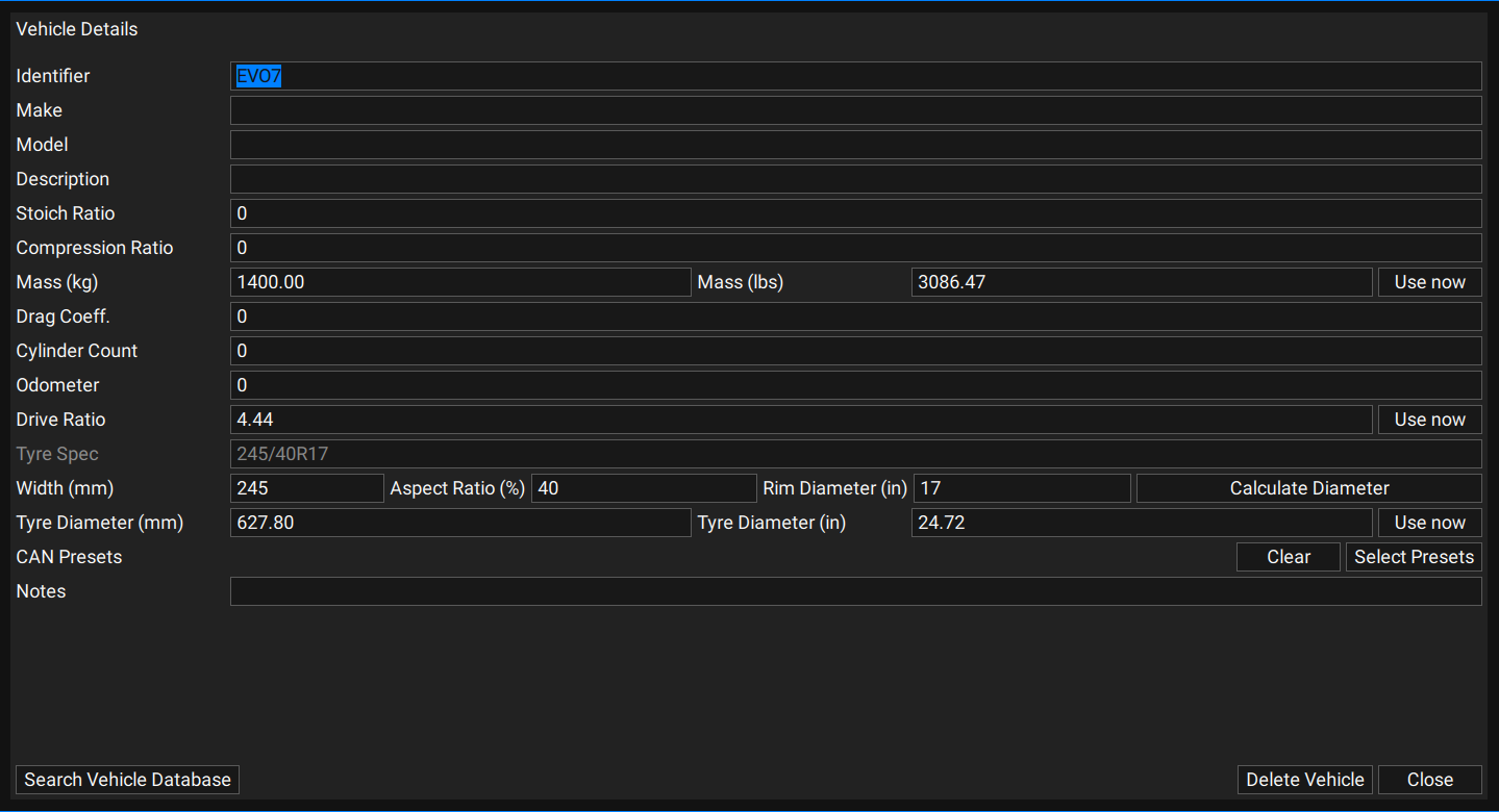 Vehicle Details tab with Select Presets button