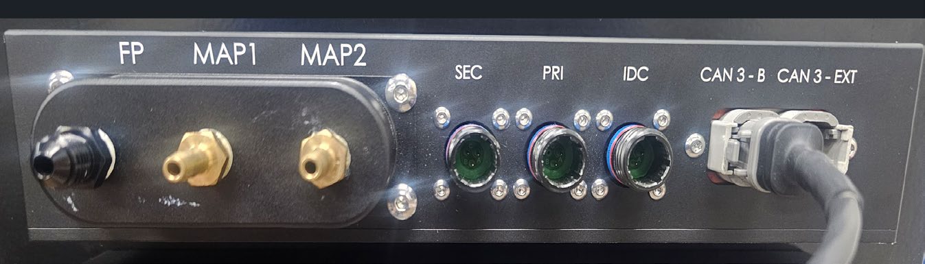 Boom arm DAQ module port row: FP, MAP1, MAP2, SEC, PRI, IDC, CAN 3-B, CAN 3-EXT